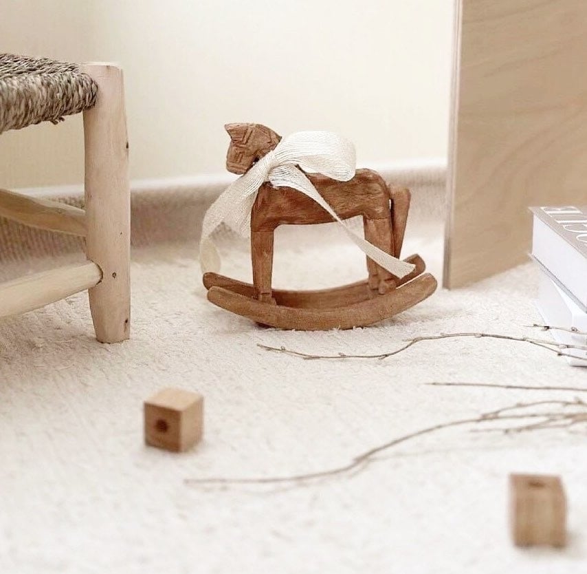 Vintage Wooden Rocking Horse Décor – Rustic Accent Piece with Ribbon