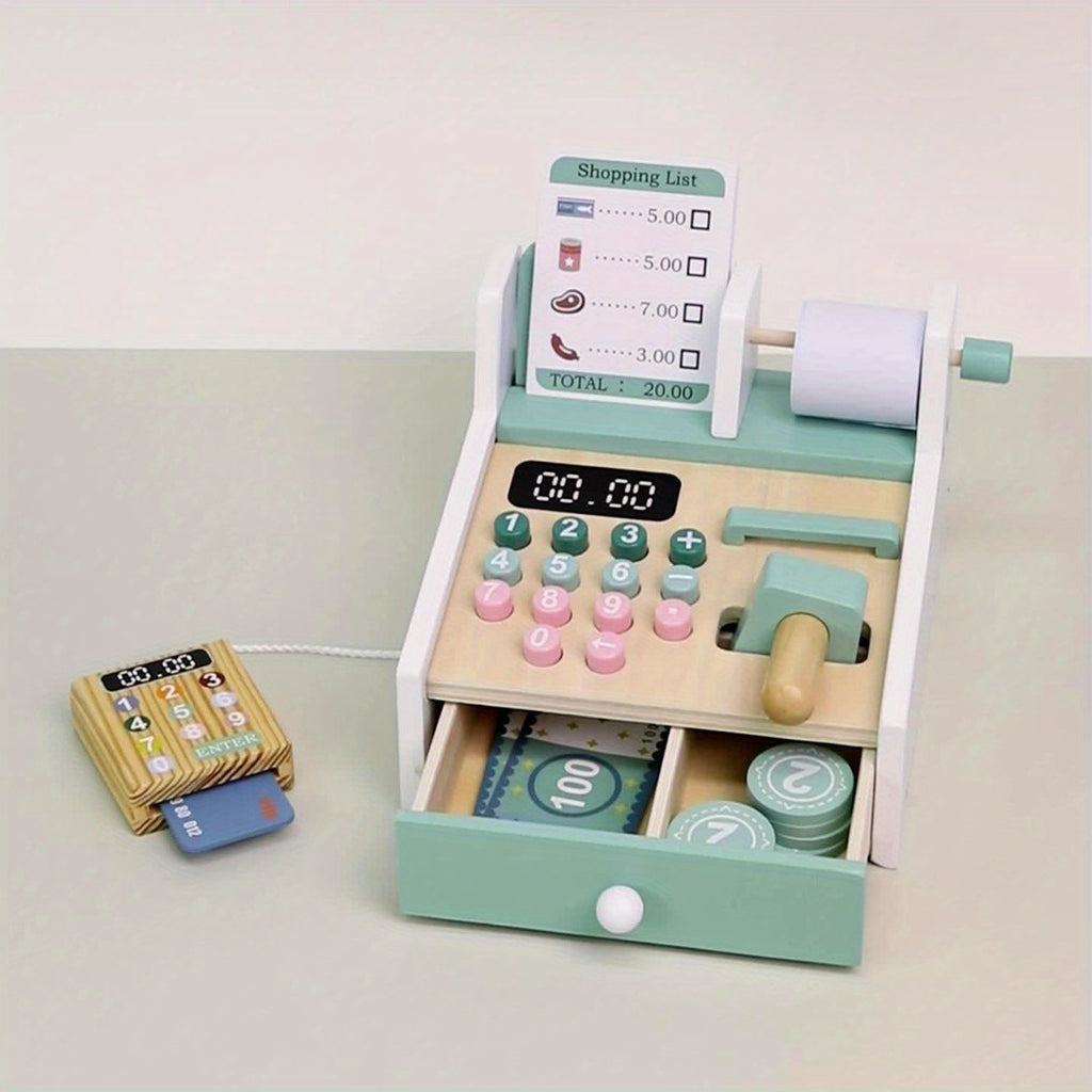Wooden Cash Register Toy – Pretend Play Supermarket Set for Kids