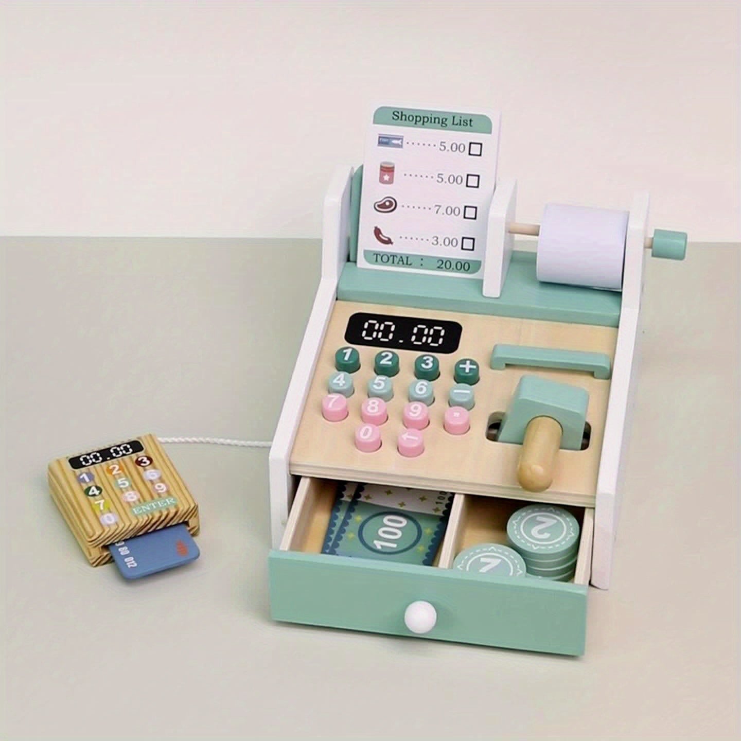 Wooden Cash Register Toy – Pretend Play Supermarket Set for Kids