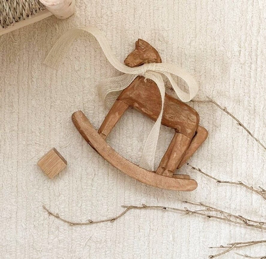 Vintage Wooden Rocking Horse Décor – Rustic Accent Piece with Ribbon