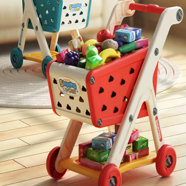 Wooden Shopping Cart Toy – Pretend Play Grocery Cart with Fruits & Boxes