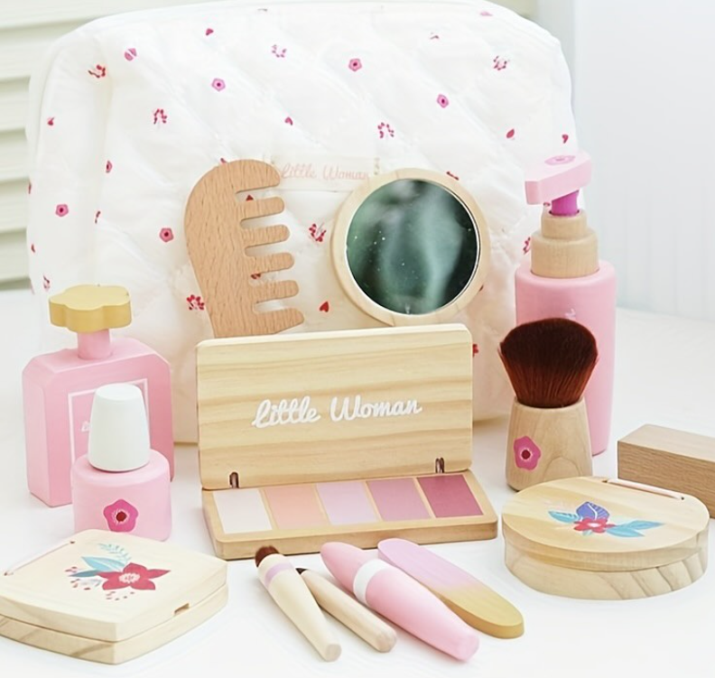 Wooden Makeup Set for Girls – Pretend Play Beauty Kit with Floral Bag