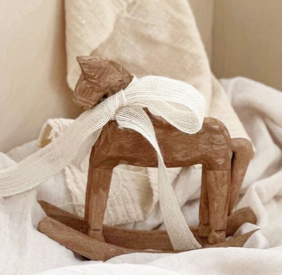 Vintage Wooden Rocking Horse Décor – Rustic Accent Piece with Ribbon