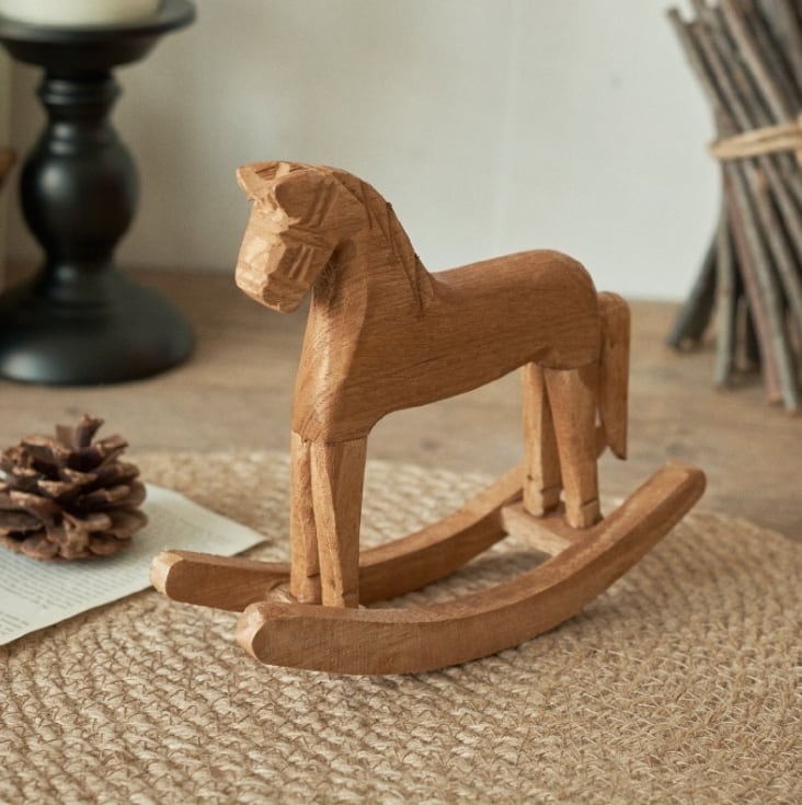 Vintage Wooden Rocking Horse Décor – Rustic Accent Piece with Ribbon