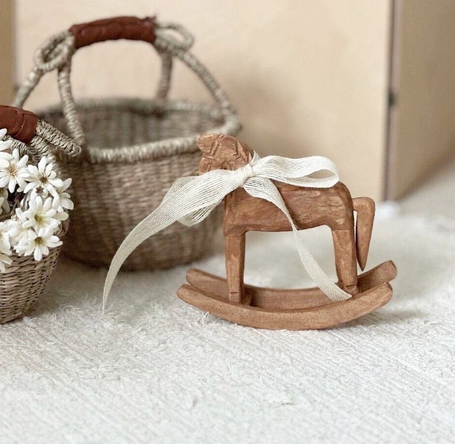 Vintage Wooden Rocking Horse Décor – Rustic Accent Piece with Ribbon