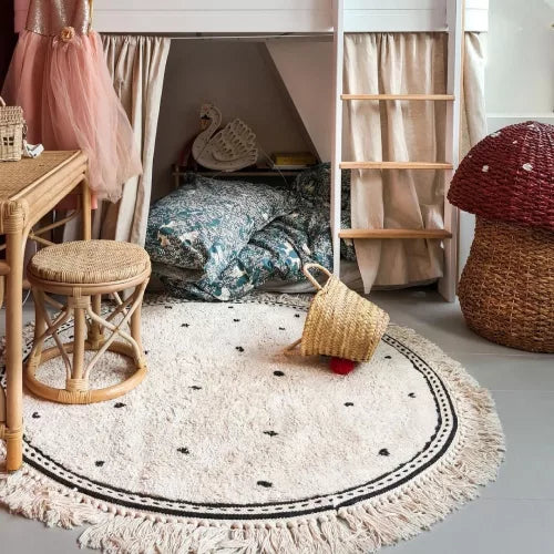Round Cotton Fringe Rug – Minimalist Polka Dot Design