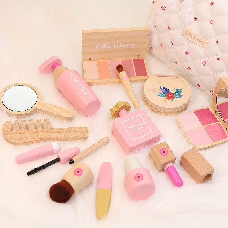 Wooden Makeup Set for Girls – Pretend Play Beauty Kit with Floral Bag