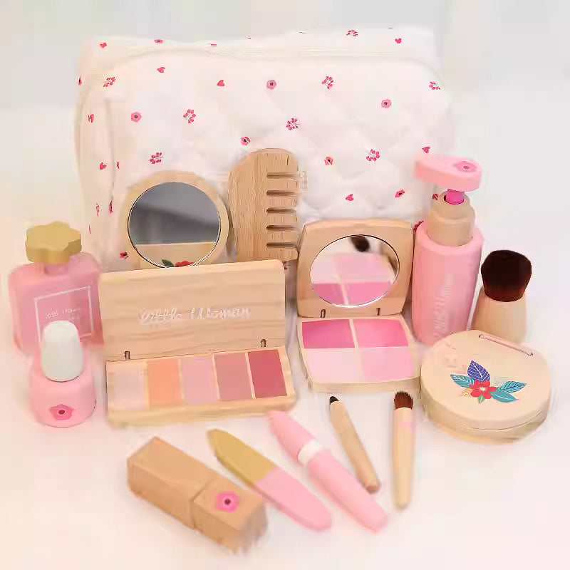 Wooden Makeup Set for Girls – Pretend Play Beauty Kit with Floral Bag