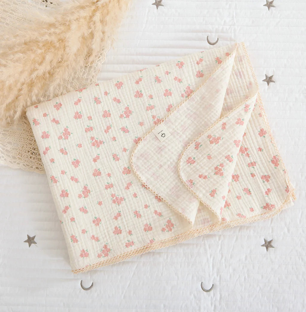 Soft Embroidered Muslin Blanket – Summer Baby Swaddle | Vintage Cotton Gauze 150×120cm