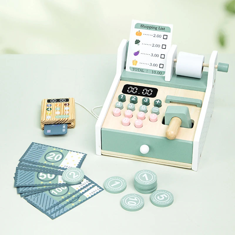 Wooden Cash Register Toy – Pretend Play Supermarket Set for Kids