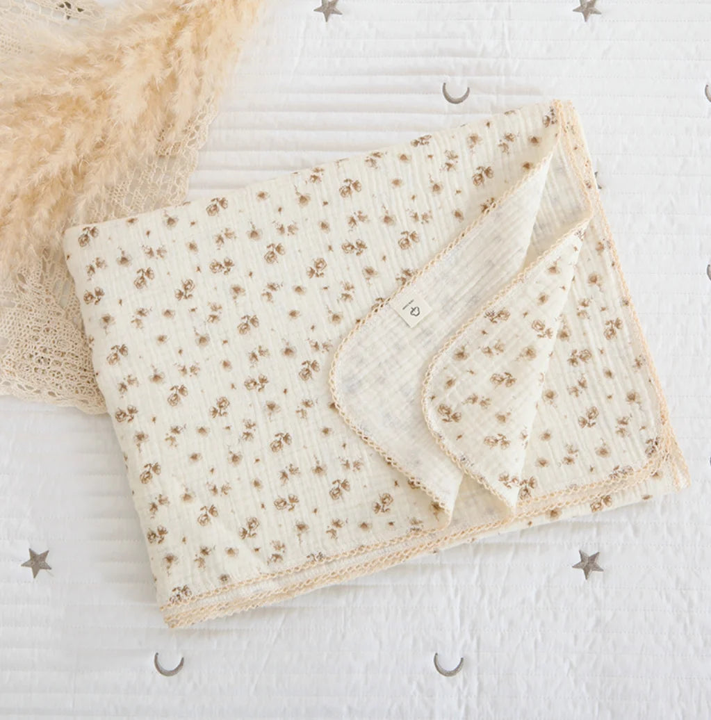Soft Embroidered Muslin Blanket – Summer Baby Swaddle | Vintage Cotton Gauze 150×120cm