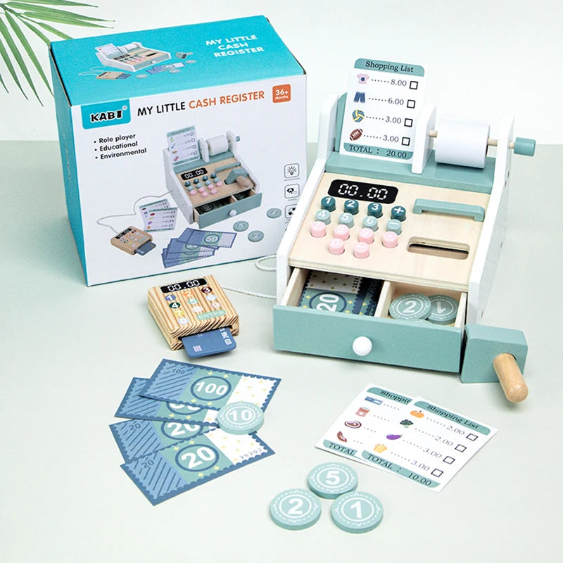 Wooden Cash Register Toy – Pretend Play Supermarket Set for Kids