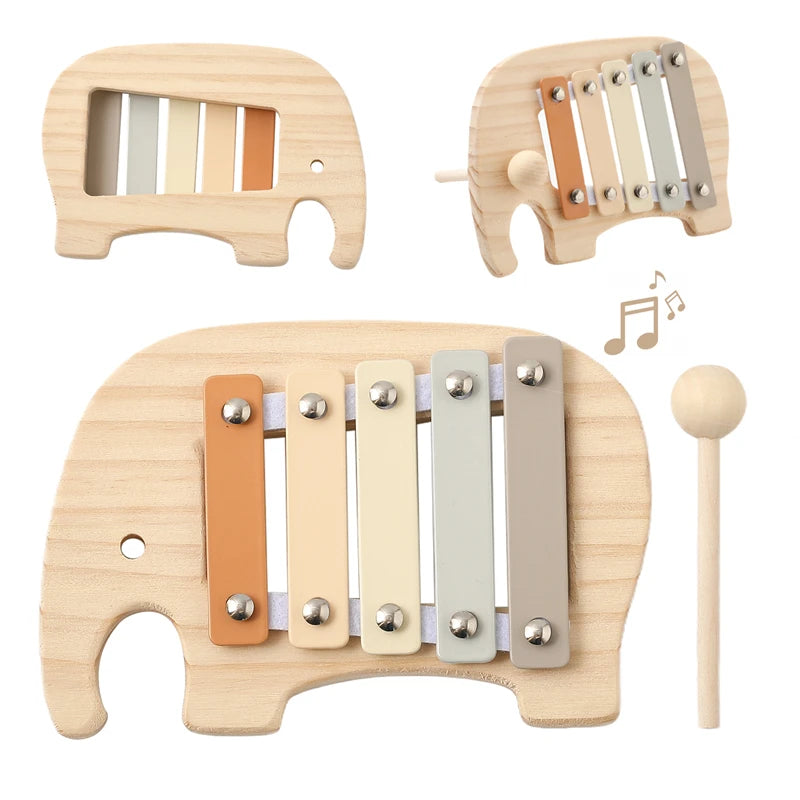 Montessori Wooden Musical Set – Natural Baby Instruments | Xylophone, Drum & Rattles