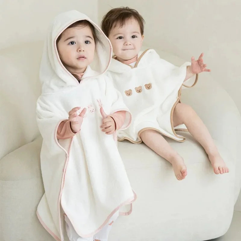 Baby Hooded Poncho Towel – Soft Coral Fleece with Bear Embroidery