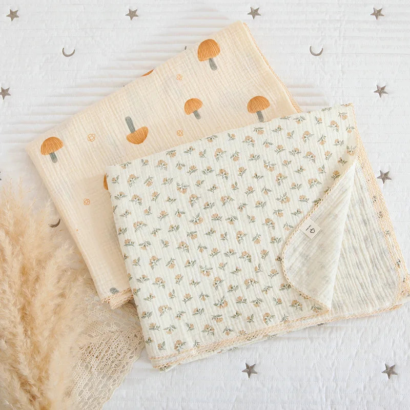 Soft Embroidered Muslin Blanket – Summer Baby Swaddle | Vintage Cotton Gauze 150×120cm