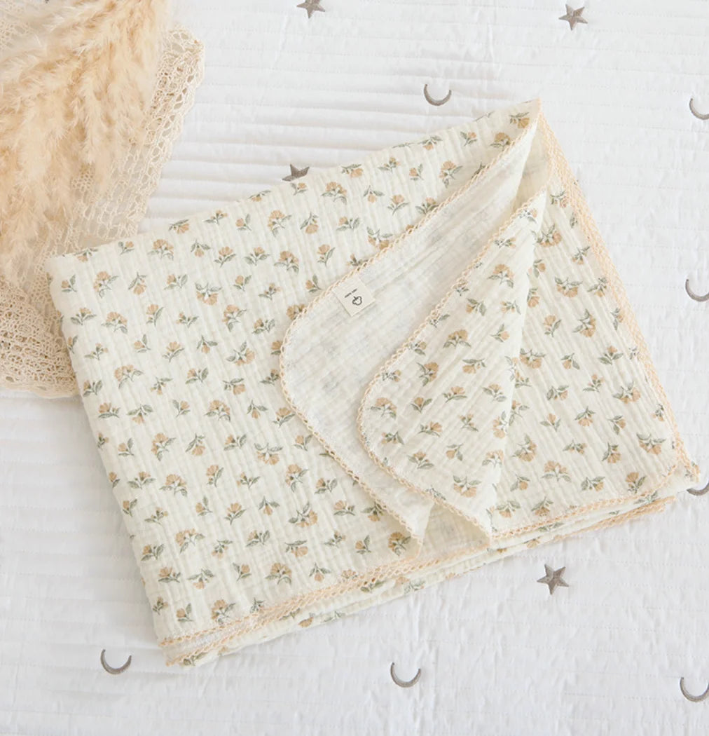 Soft Embroidered Muslin Blanket – Summer Baby Swaddle | Vintage Cotton Gauze 150×120cm