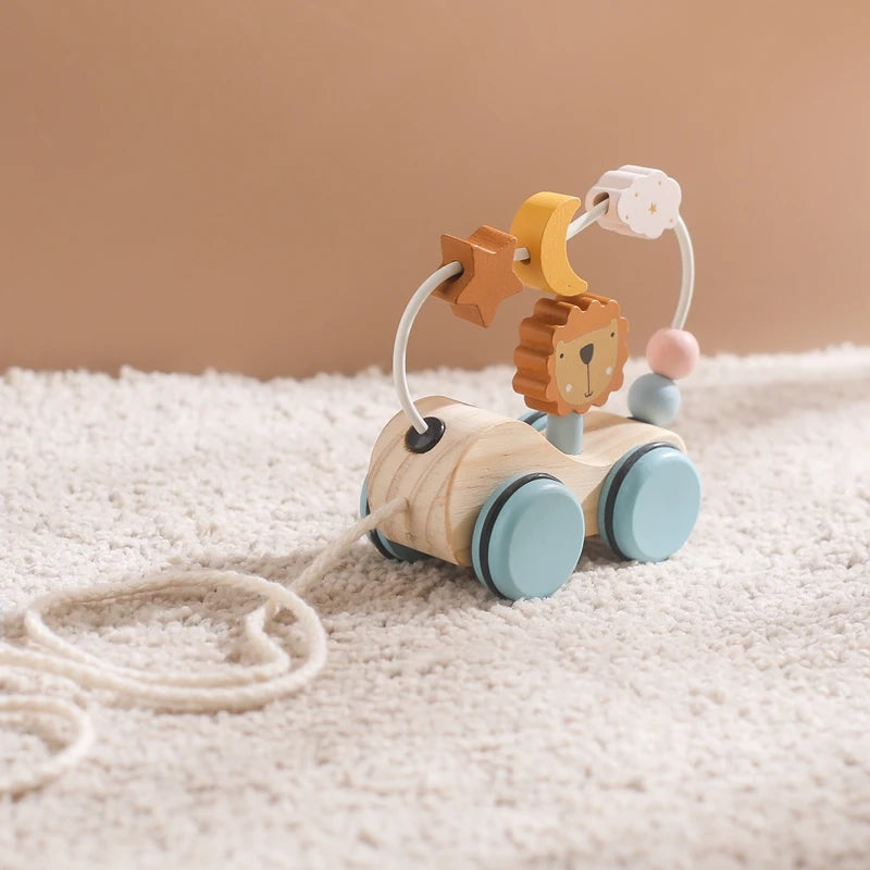 Montessori Wooden Lion Car Toy – Beech Wood Rolling Toy for Babies | Natural Baby Gift