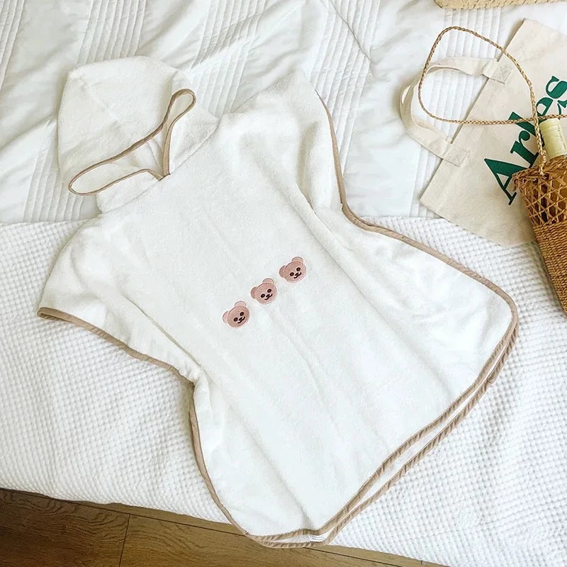 Baby Hooded Poncho Towel – Soft Coral Fleece with Bear Embroidery