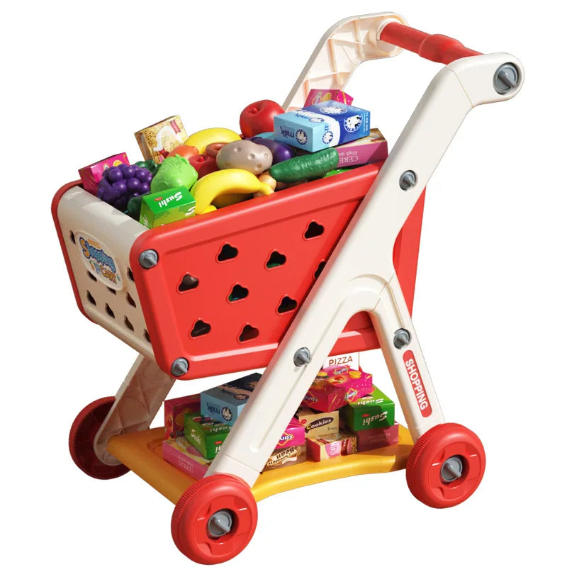 Wooden Shopping Cart Toy – Pretend Play Grocery Cart with Fruits & Boxes