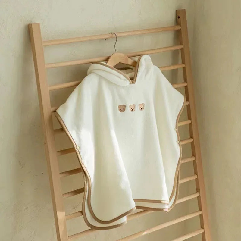 Baby Hooded Poncho Towel – Soft Coral Fleece with Bear Embroidery