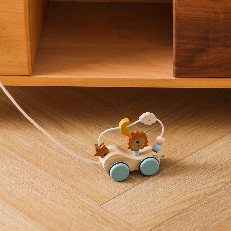 Montessori Wooden Lion Car Toy – Beech Wood Rolling Toy for Babies | Natural Baby Gift