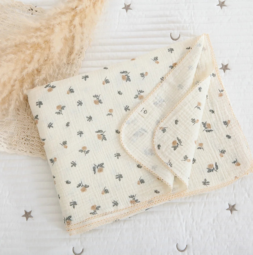 Soft Embroidered Muslin Blanket – Summer Baby Swaddle | Vintage Cotton Gauze 150×120cm