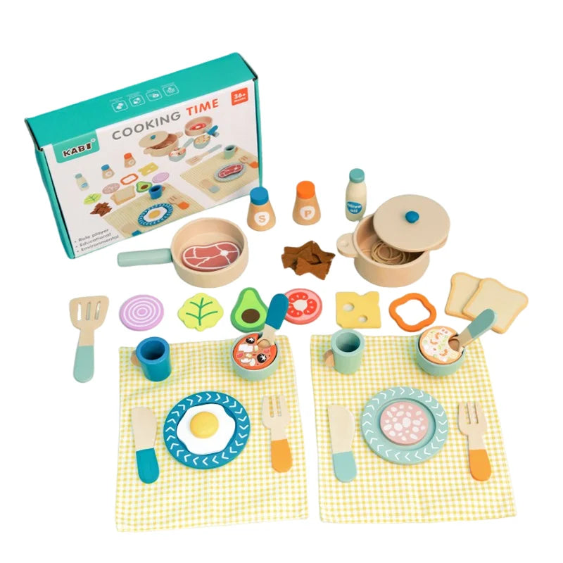 Wooden Kids Kitchen Set | Montessori Cooking Playset | Pretend Play Food & Cookware for Toddlers