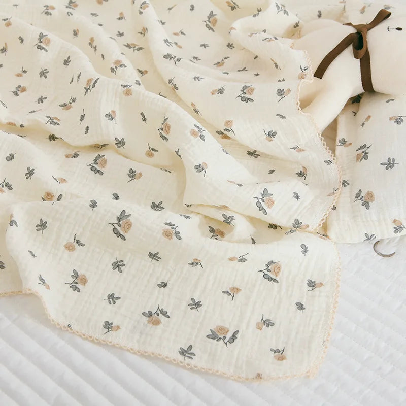 Soft Embroidered Muslin Blanket – Summer Baby Swaddle | Vintage Cotton Gauze 150×120cm