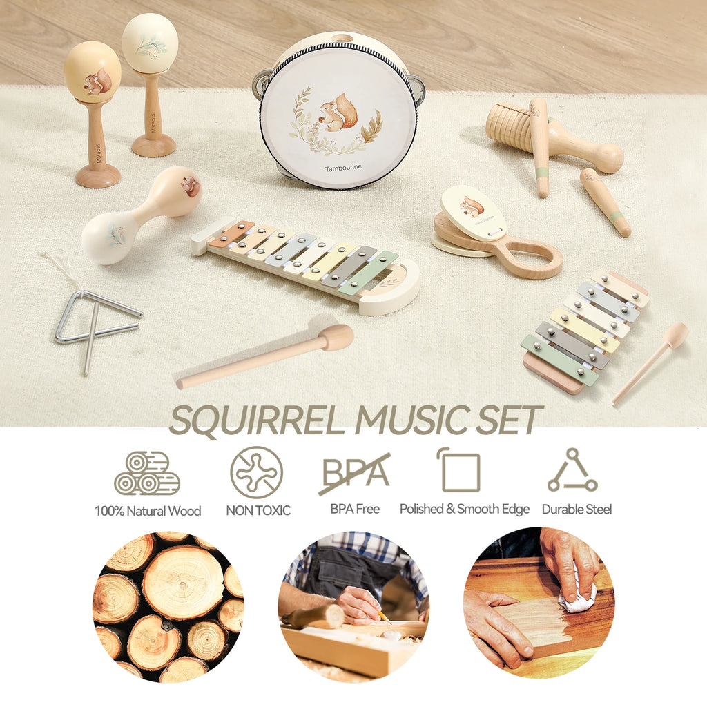 Montessori Wooden Musical Set – Natural Baby Instruments | Xylophone, Drum & Rattles