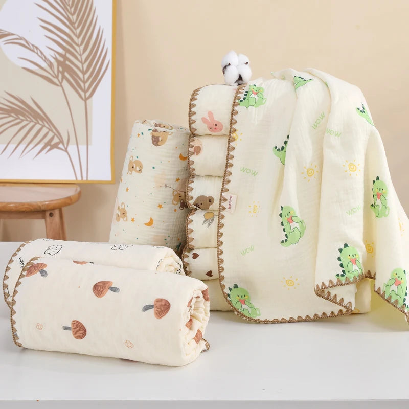 Soft Muslin Baby Blanket – Printed Cotton Swaddle | Neutral Vintage Style 101×96cm