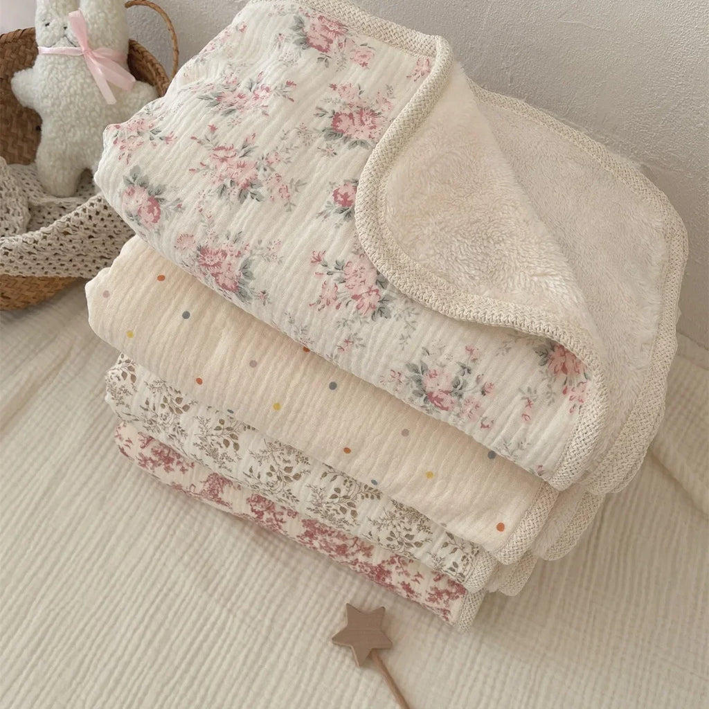 Boho Floral Baby Blanket – Soft Fleece & Muslin | Neutral Nursery Decor (90×130cm)
