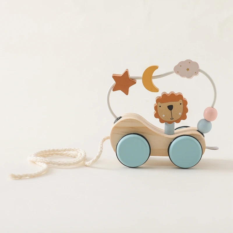Montessori Wooden Lion Car Toy – Beech Wood Rolling Toy for Babies | Natural Baby Gift