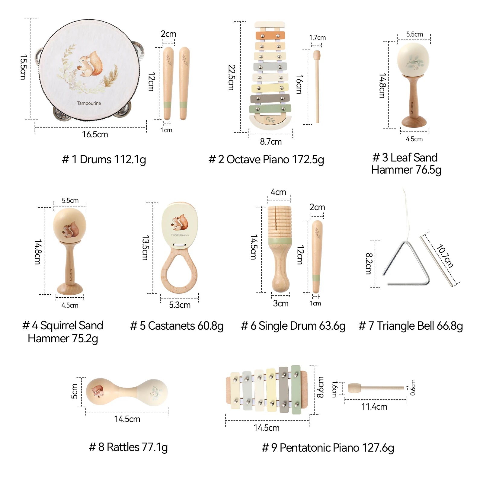Montessori Wooden Musical Set – Natural Baby Instruments | Xylophone, Drum & Rattles