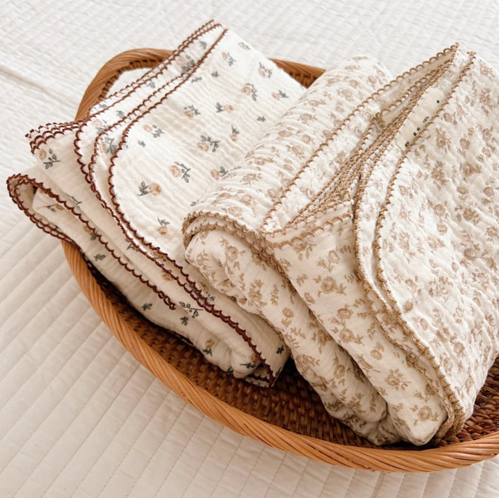 Soft Embroidered Muslin Blanket – Summer Baby Swaddle | Vintage Cotton Gauze 150×120cm