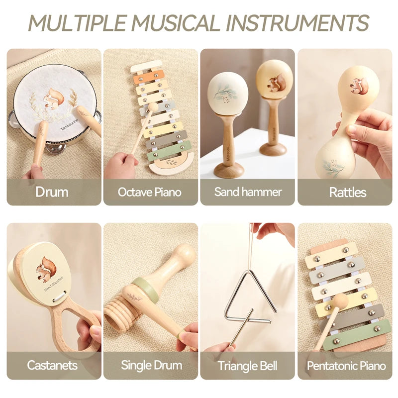 Montessori Wooden Musical Set – Natural Baby Instruments | Xylophone, Drum & Rattles