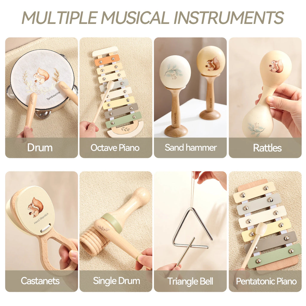 Montessori Wooden Musical Set – Natural Baby Instruments | Xylophone, Drum & Rattles