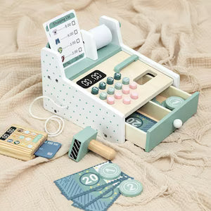 Wooden Cash Register Toy – Pretend Play Supermarket Set for Kids